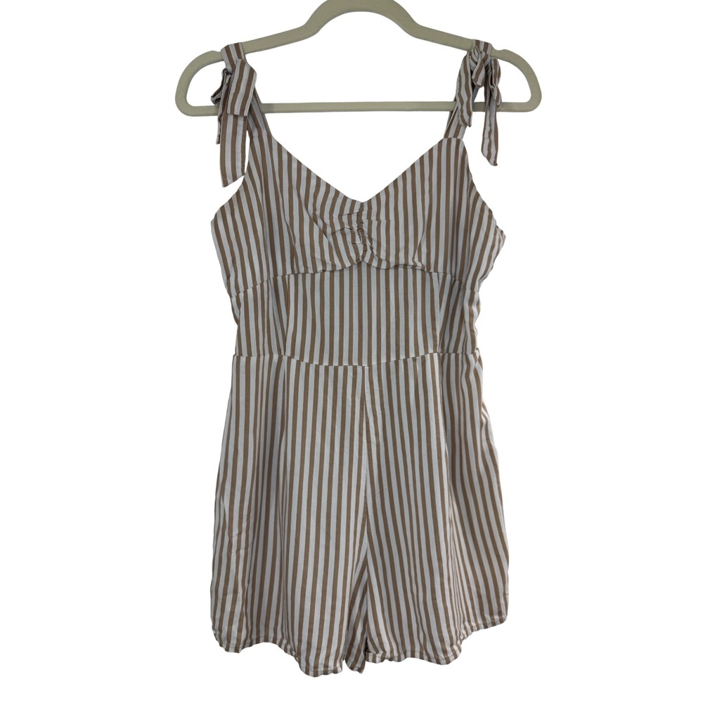 Derek Heart Romper Womens Medium Tan White Striped Excellent Tie Shoulder Smock